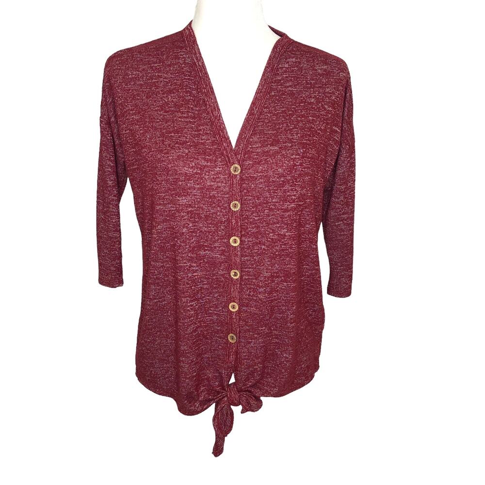 Pink Clover Red White Marled Oversized Soft Front Tie Decorative Button Top